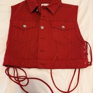 Alaia Red Collared Denim Jacket with Metal Button Detail